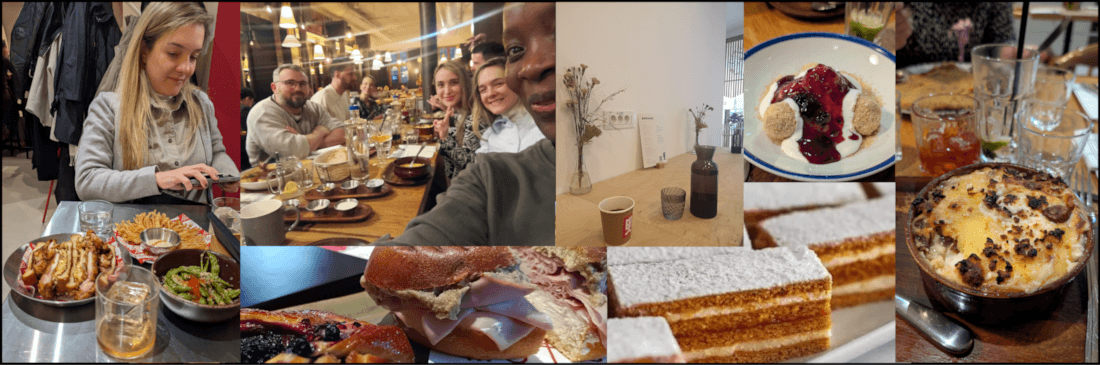 Food collage featuring various dishes and Web Monetization Work Week members sharing dinner together.
